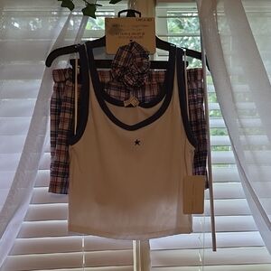 White and Plaid Tank Top Set And Scrunchy